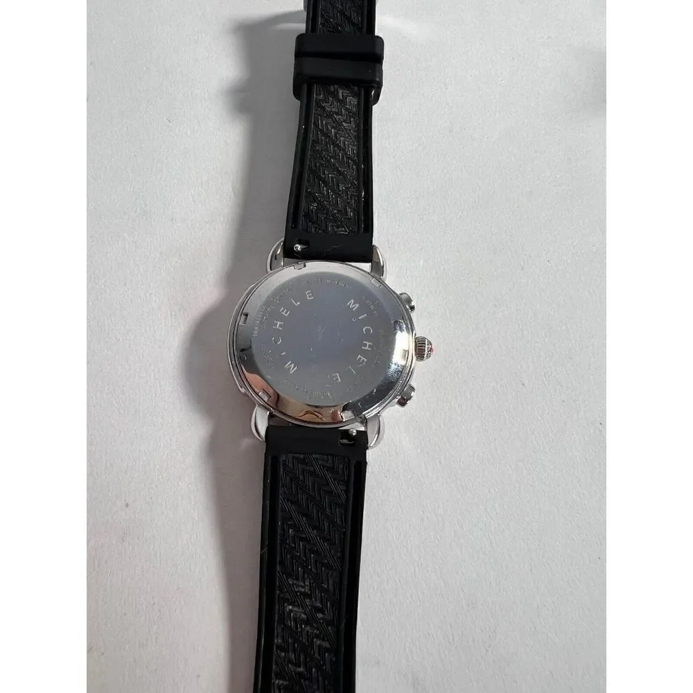 Michele Women’s Black Leather Straps White Analog Chrono Dial Swiss Made Wristwa